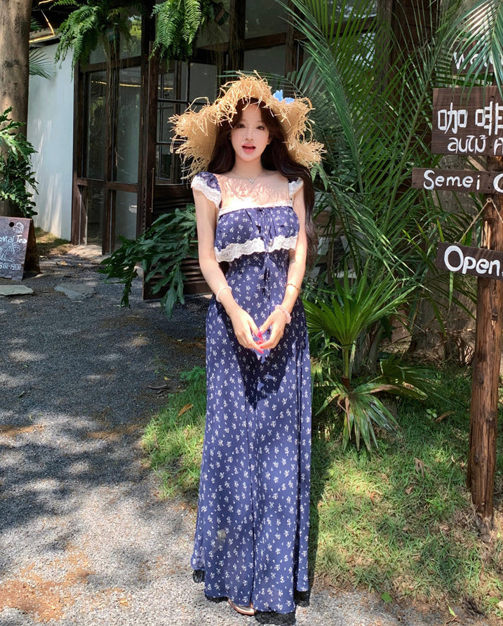 Navy Ditsy Floral Square-Neck Maxi With White Lace Overlay