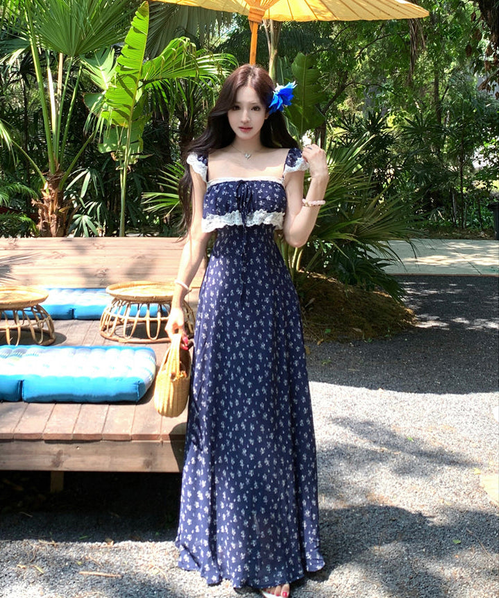 Navy Ditsy Floral Square-Neck Maxi With White Lace Overlay