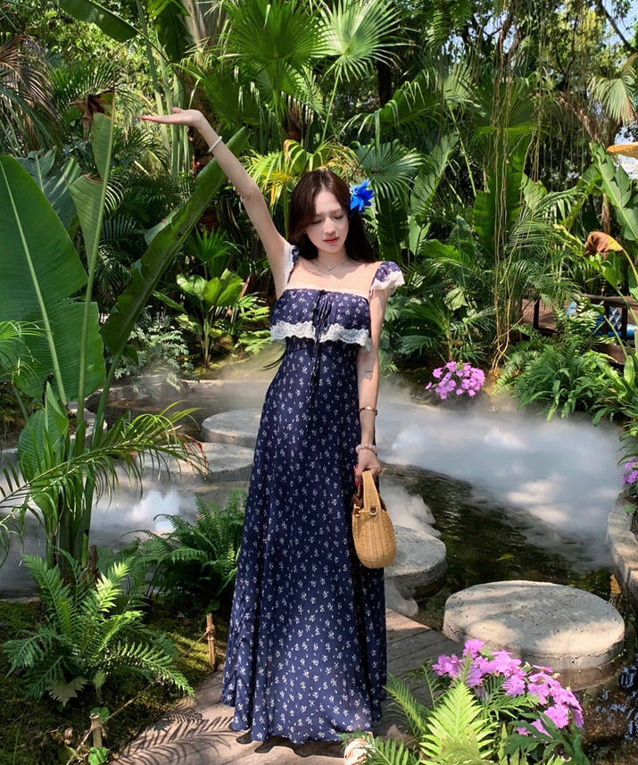 Navy Ditsy Floral Square-Neck Maxi With White Lace Overlay