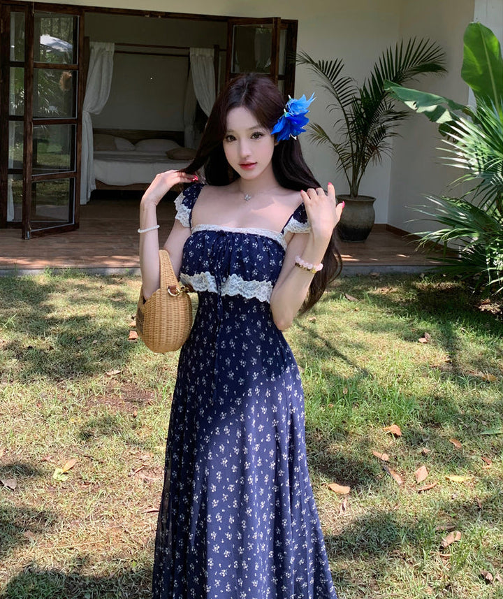 Navy Ditsy Floral Square-Neck Maxi With White Lace Overlay