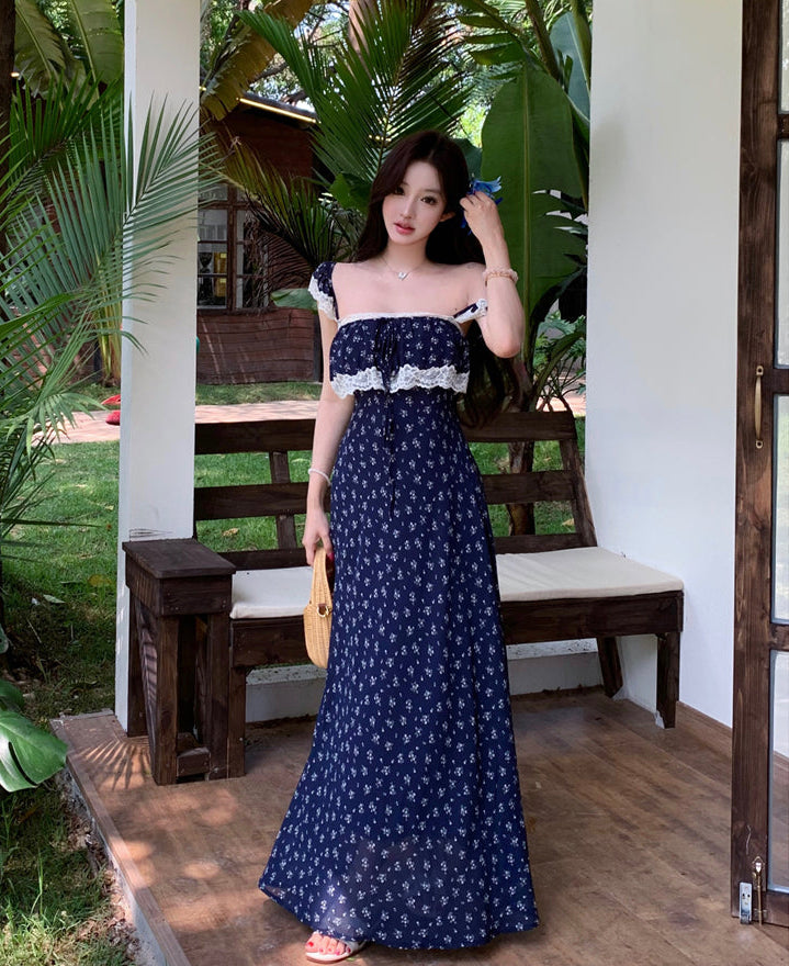 Navy Ditsy Floral Square-Neck Maxi With White Lace Overlay