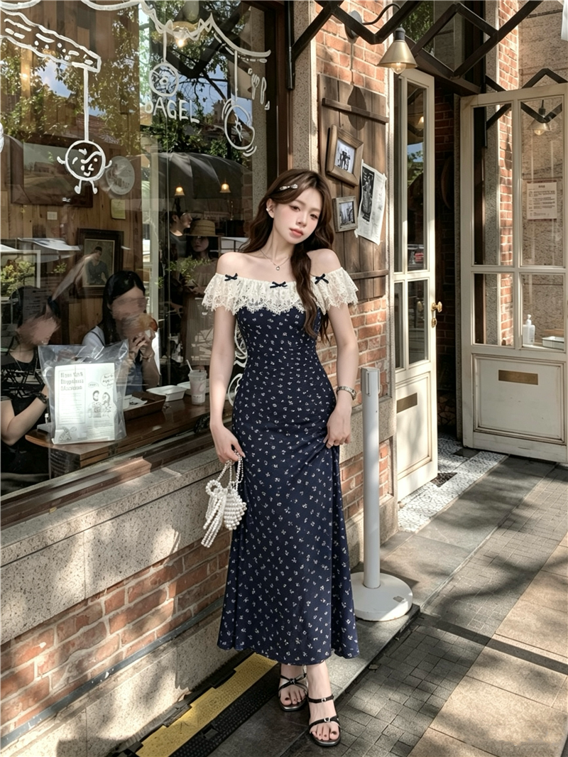 Navy Floral Lace-Flounce Off-Shoulder Midi Dress