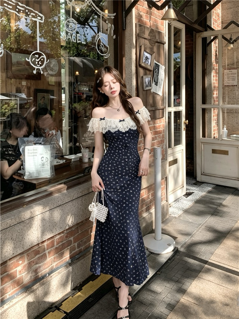Navy Floral Lace-Flounce Off-Shoulder Midi Dress