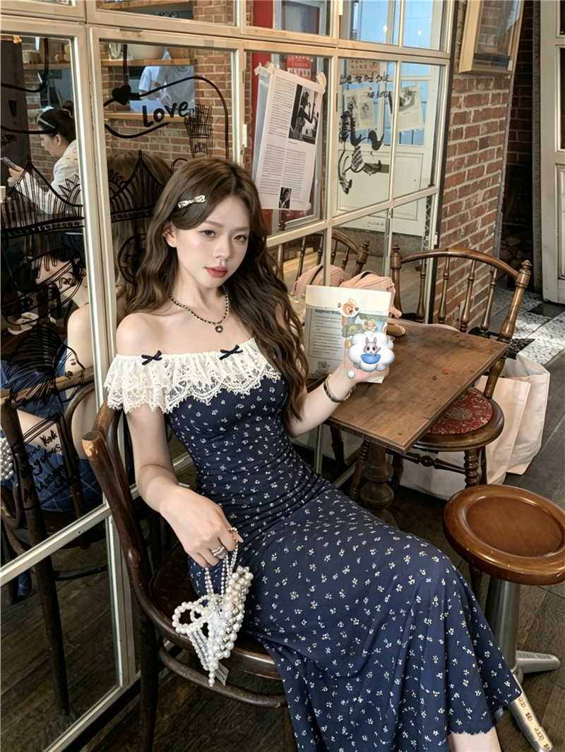 Navy Floral Lace-Flounce Off-Shoulder Midi Dress