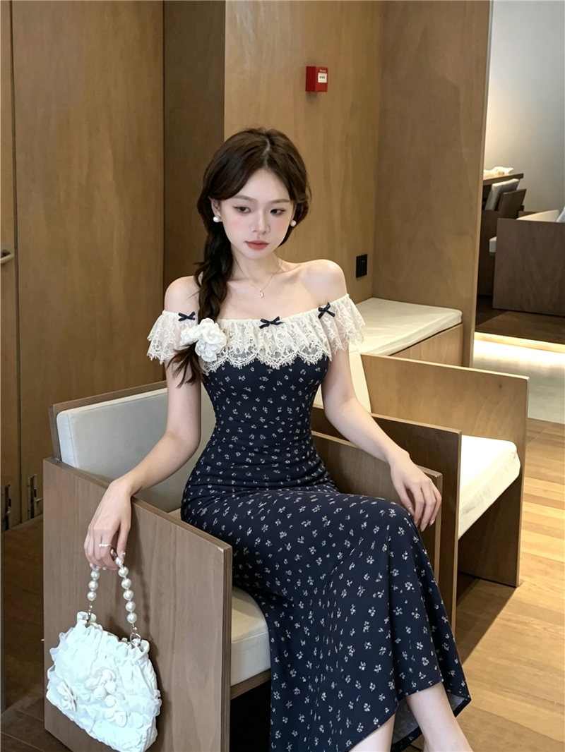 Navy Floral Lace-Flounce Off-Shoulder Midi Dress