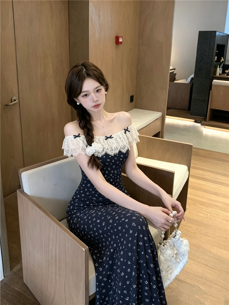 Navy Floral Lace-Flounce Off-Shoulder Midi Dress