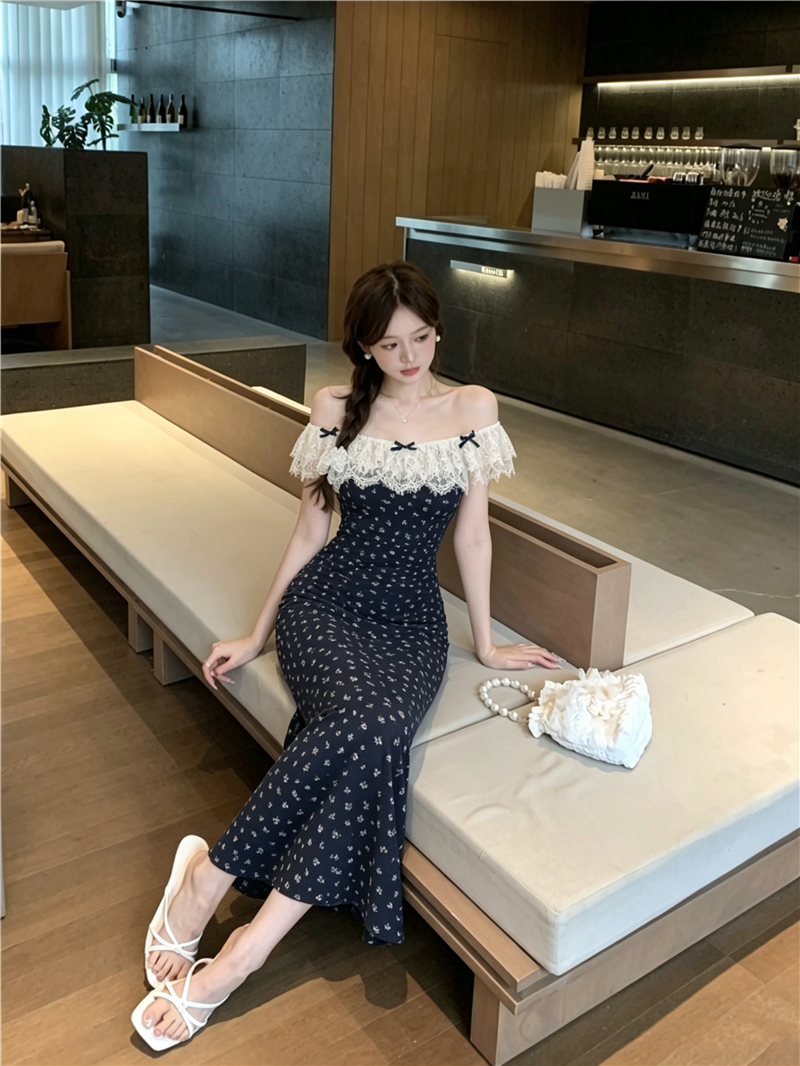 Navy Floral Lace-Flounce Off-Shoulder Midi Dress