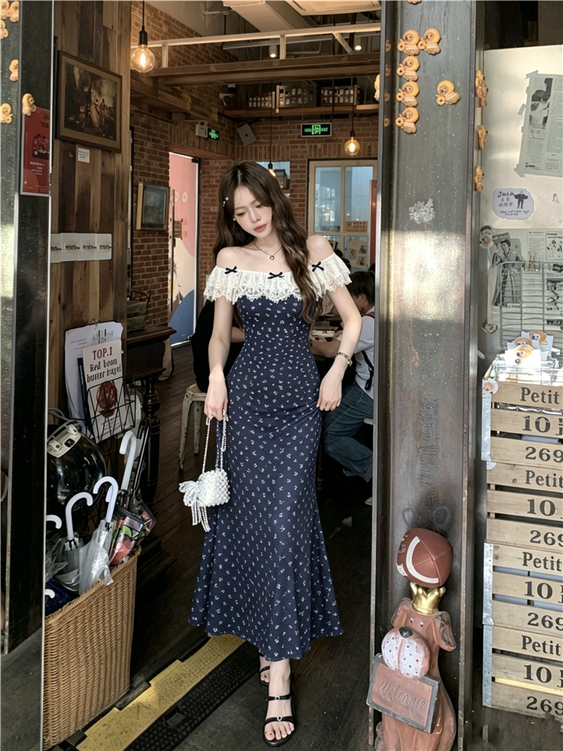 Navy Floral Lace-Flounce Off-Shoulder Midi Dress