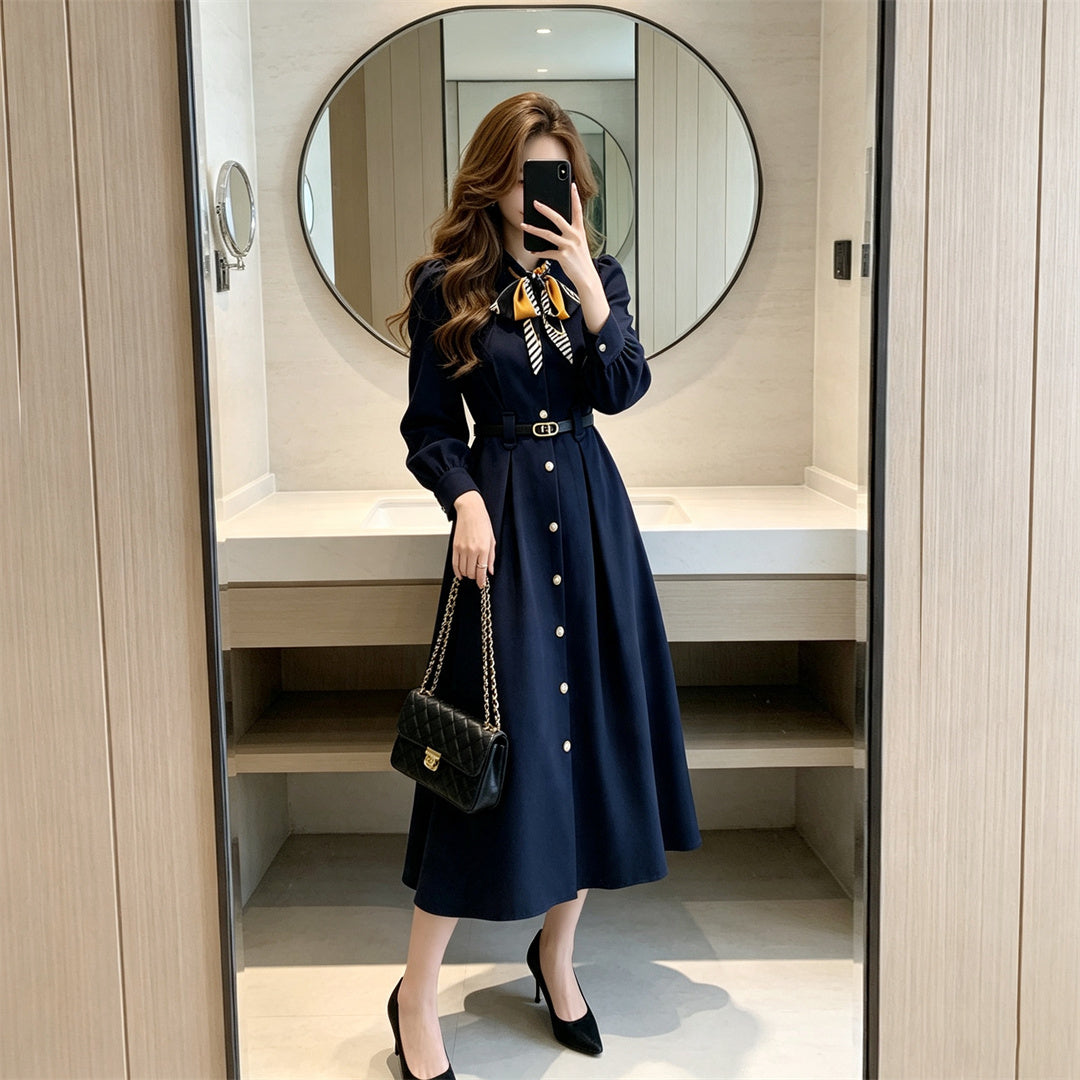 Navy Long Sleeve A-Line Midi Dress with Neck Scarf & Belt