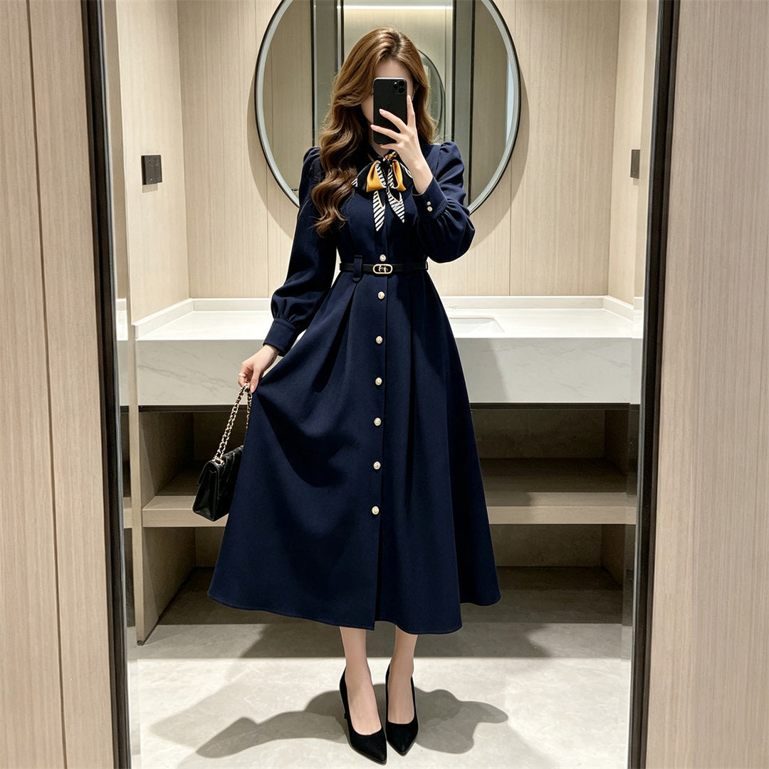 Navy Long Sleeve A-Line Midi Dress with Neck Scarf & Belt
