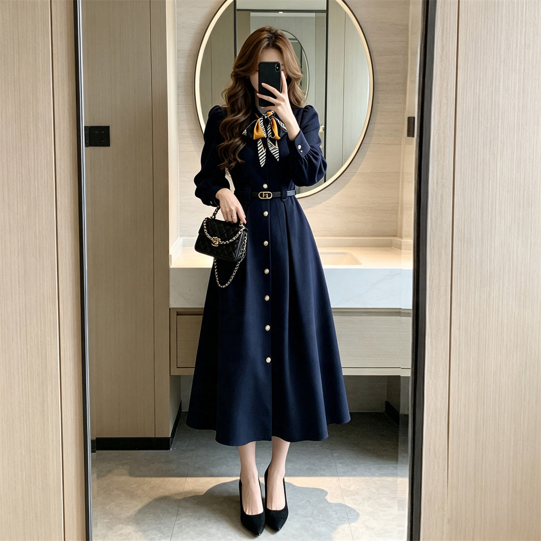 Navy Long Sleeve A-Line Midi Dress with Neck Scarf & Belt