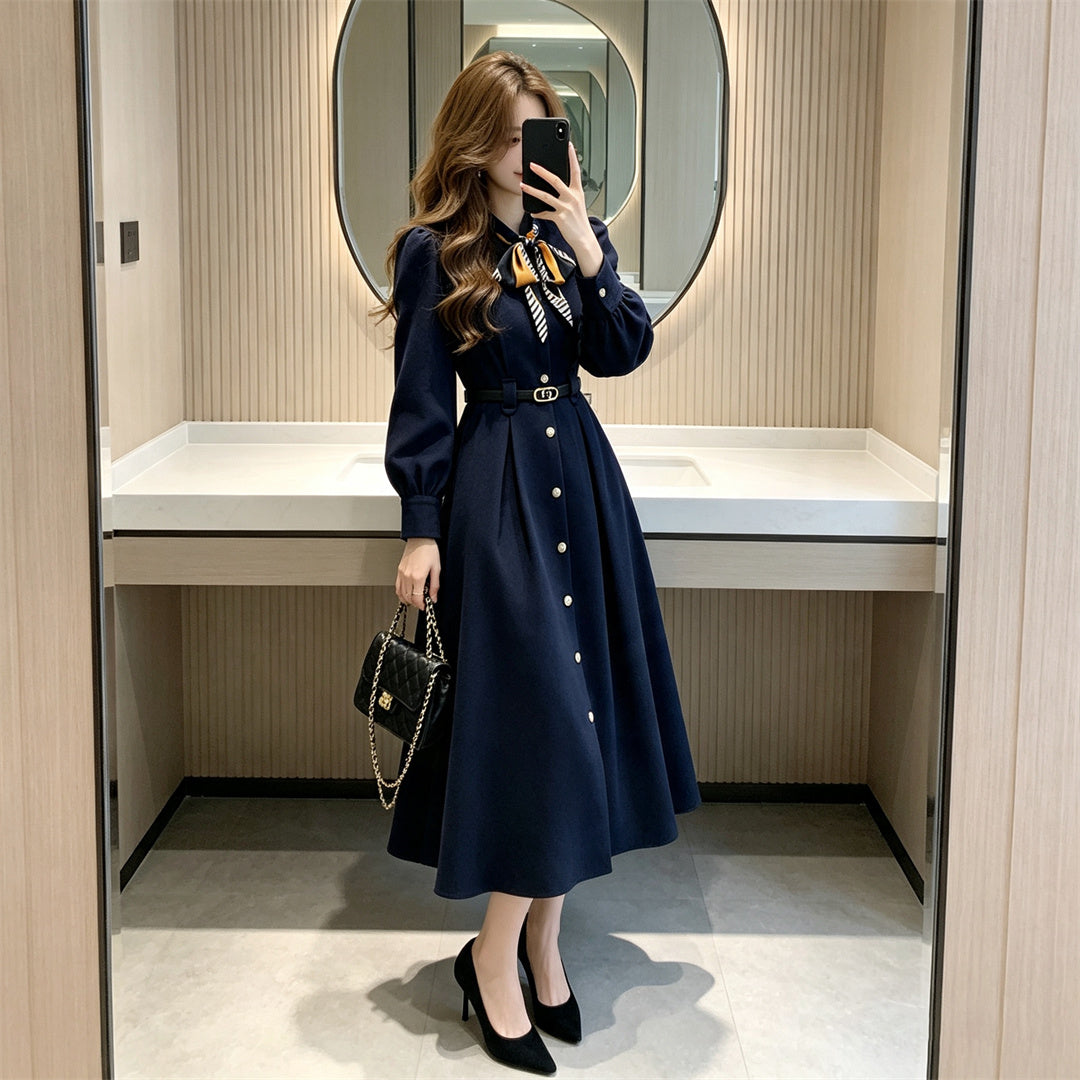 Navy Long Sleeve A-Line Midi Dress with Neck Scarf & Belt