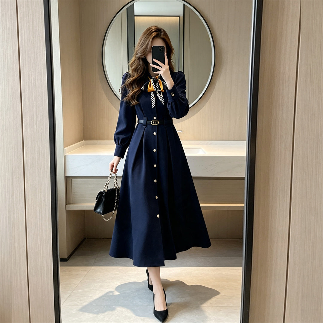 Navy Long Sleeve A-Line Midi Dress with Neck Scarf & Belt