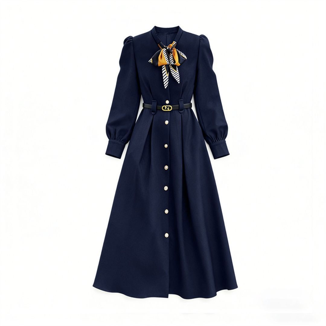 Navy Long Sleeve A-Line Midi Dress with Neck Scarf & Belt