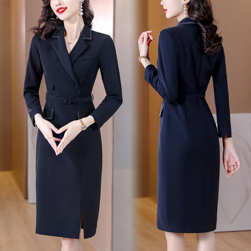 Navy Blue Contrast Stitch Belted Sheath Blazer Dress