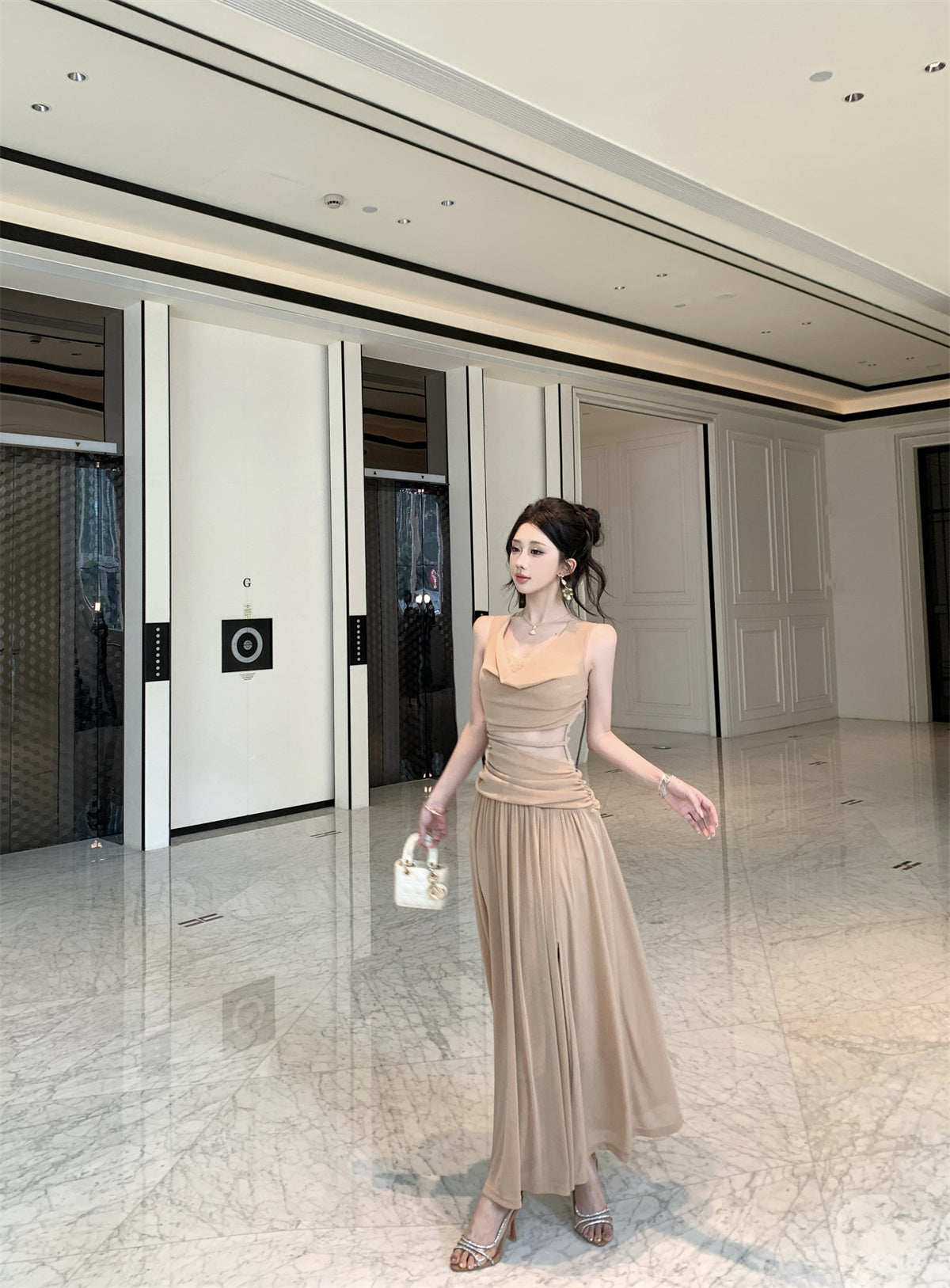 Nude Ruched Cut-Out Sleeveless Maxi Dress