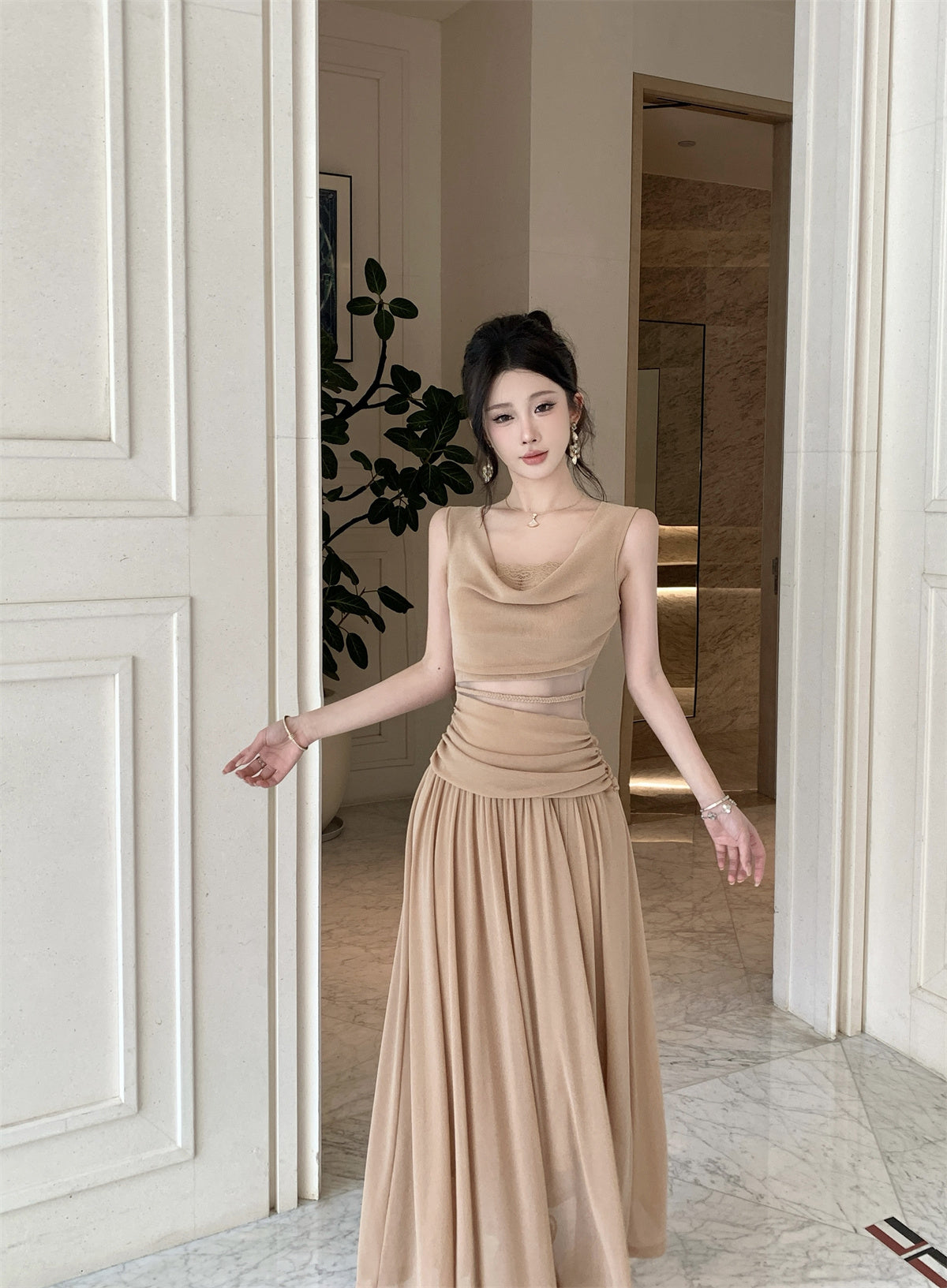 Nude Ruched Cut-Out Sleeveless Maxi Dress