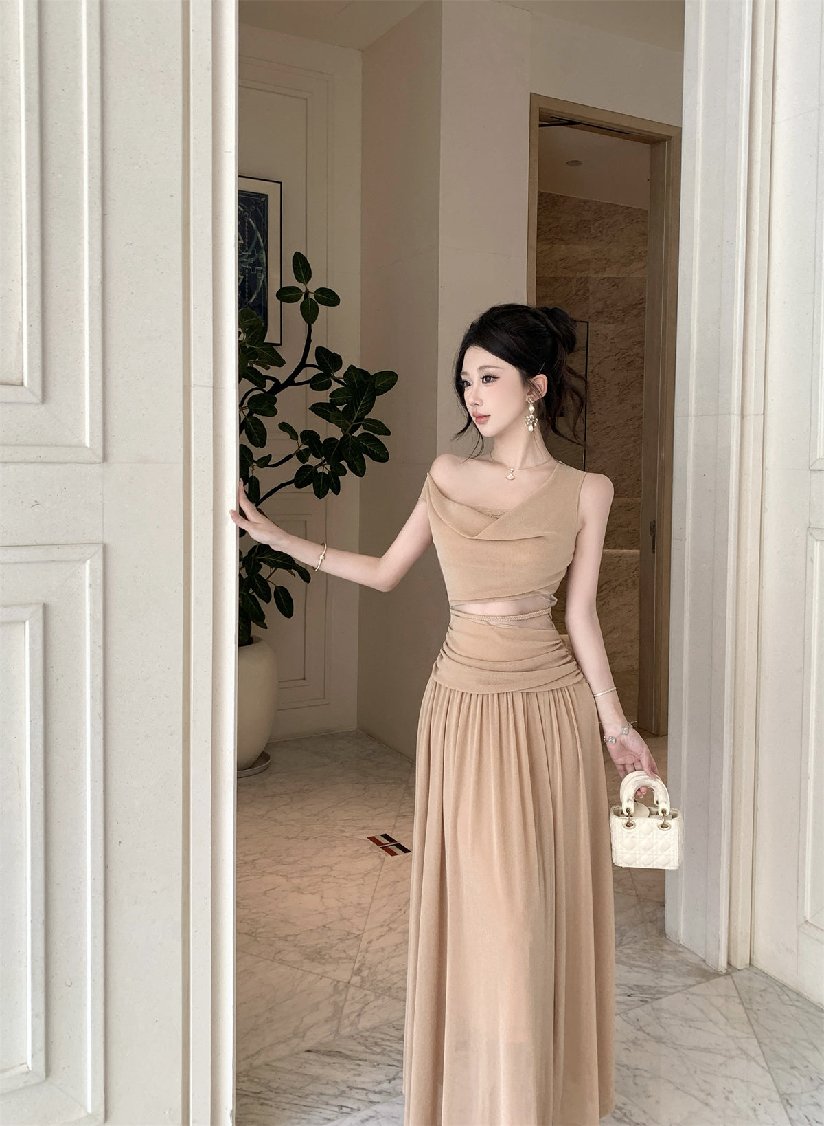 Nude Ruched Cut-Out Sleeveless Maxi Dress