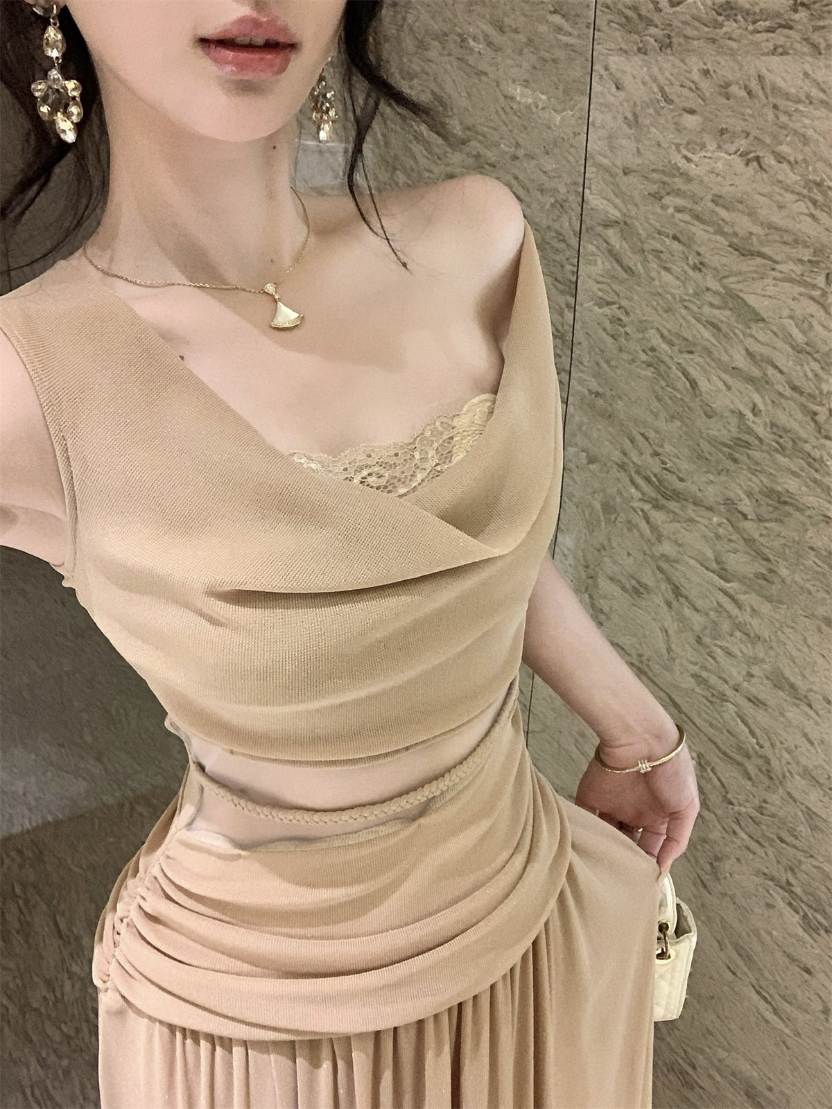 Nude Ruched Cut-Out Sleeveless Maxi Dress