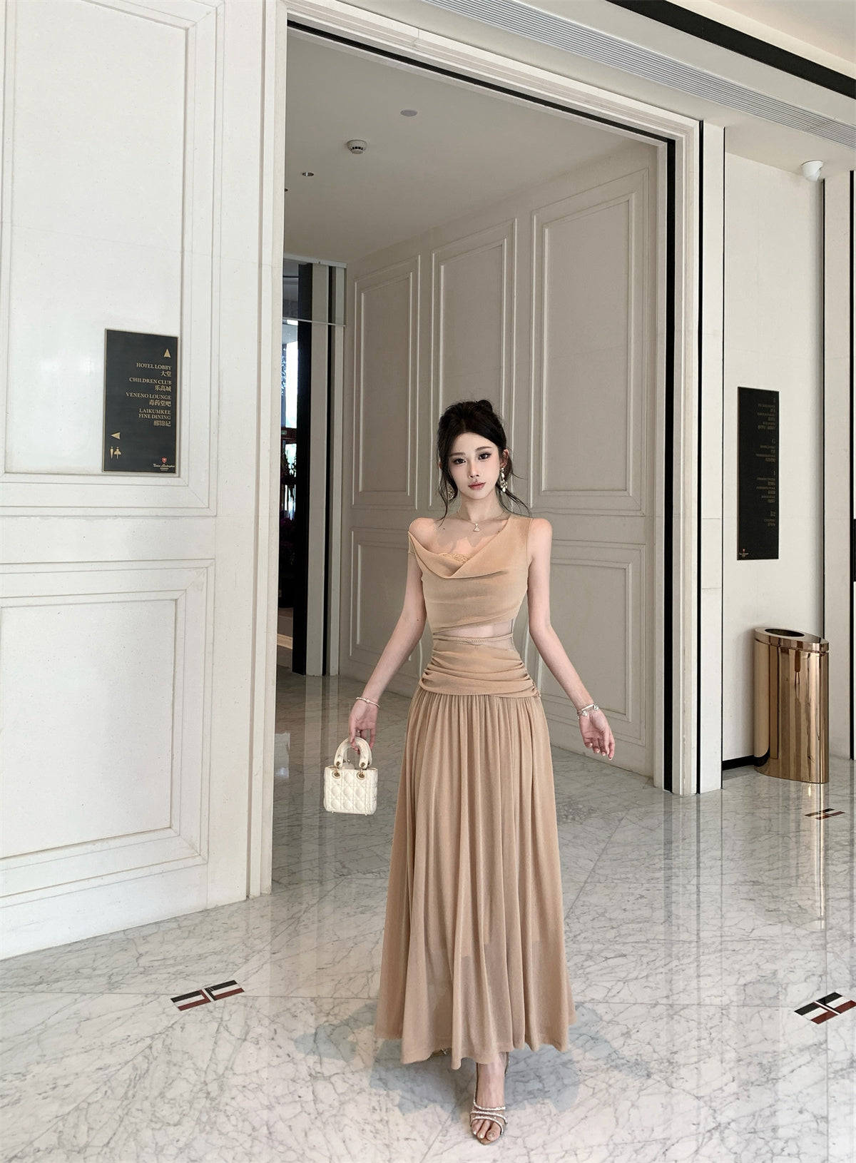 Nude Ruched Cut-Out Sleeveless Maxi Dress