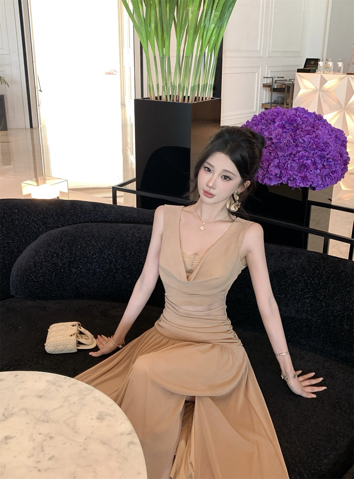Nude Ruched Cut-Out Sleeveless Maxi Dress