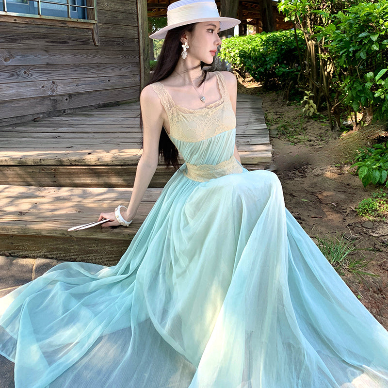 Ocean Breeze Lace-Trimmed Mint Maxi Dress