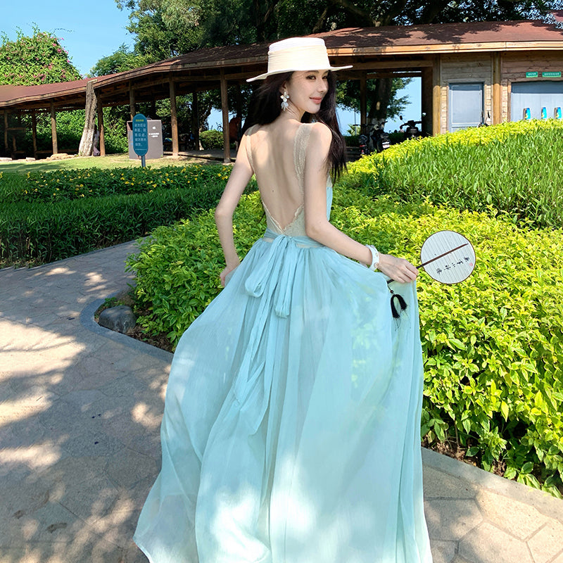 Ocean Breeze Lace-Trimmed Mint Maxi Dress