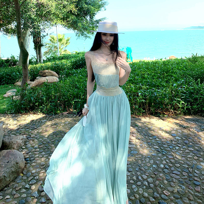 Ocean Breeze Lace-Trimmed Mint Maxi Dress