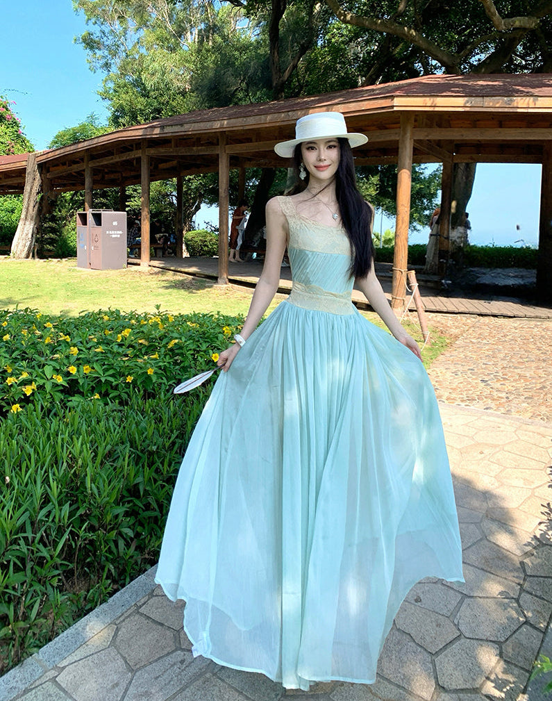 Ocean Breeze Lace-Trimmed Mint Maxi Dress