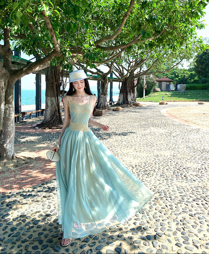 Ocean Breeze Lace-Trimmed Mint Maxi Dress