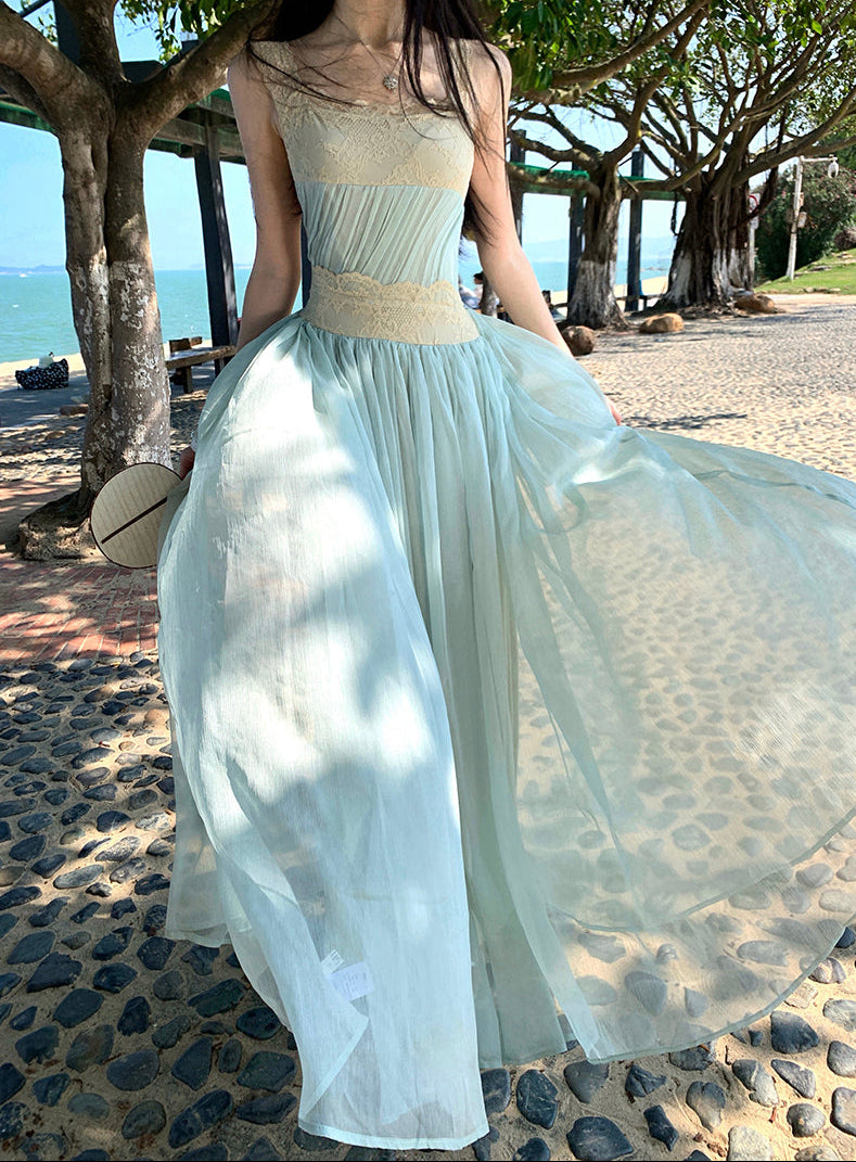 Ocean Breeze Lace-Trimmed Mint Maxi Dress