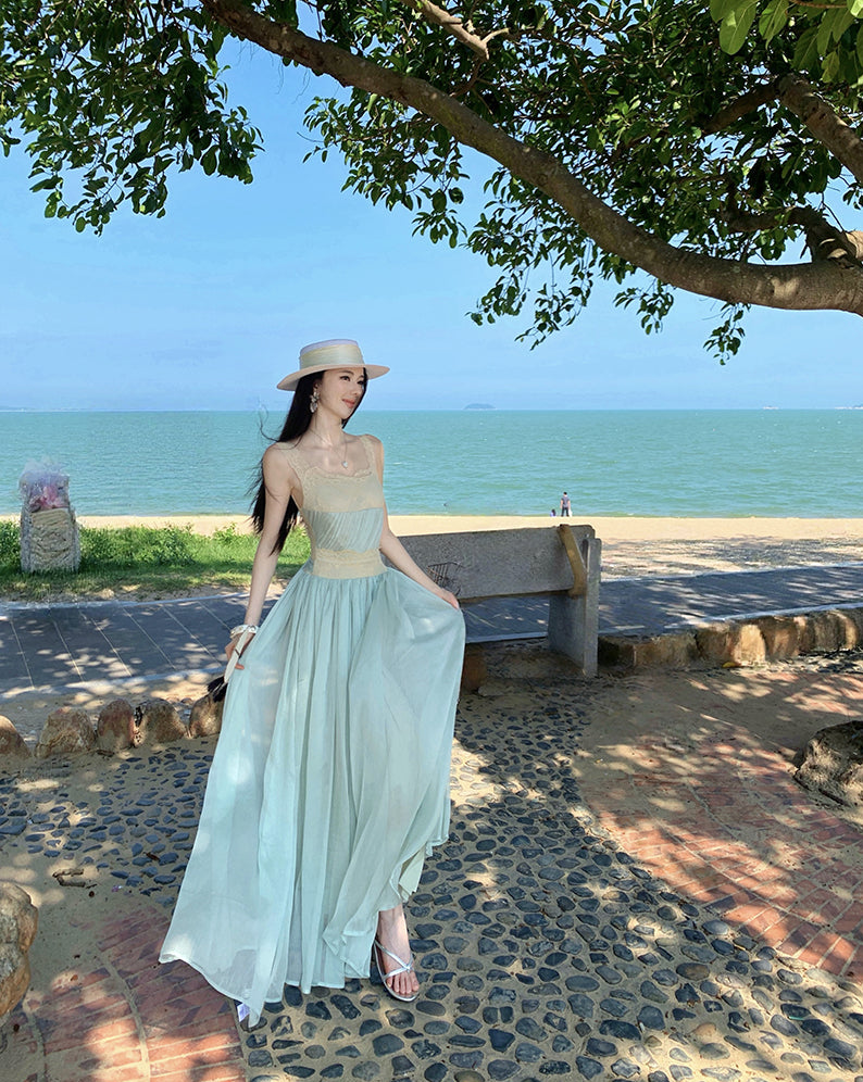 Ocean Breeze Lace-Trimmed Mint Maxi Dress