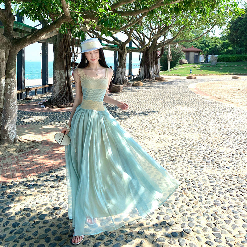 Ocean Breeze Lace-Trimmed Mint Maxi Dress