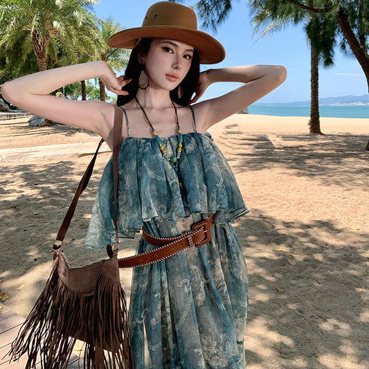 Ocean Wave Printed Ruffle Off-Shoulder Maxi Dress