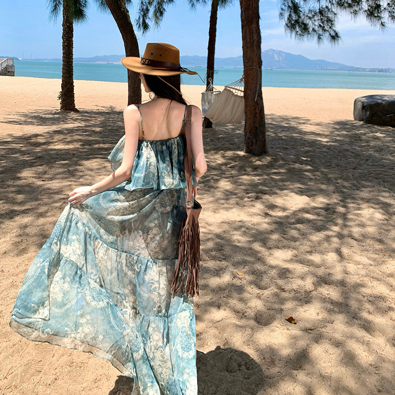 Ocean Wave Printed Ruffle Off-Shoulder Maxi Dress