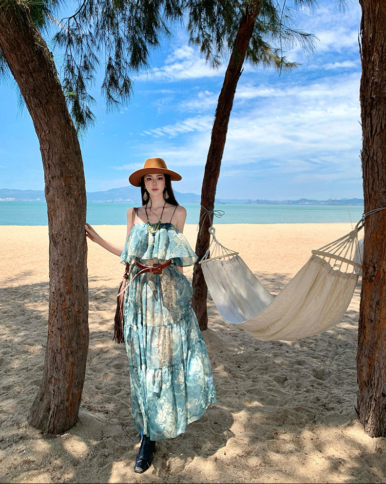 Ocean Wave Printed Ruffle Off-Shoulder Maxi Dress