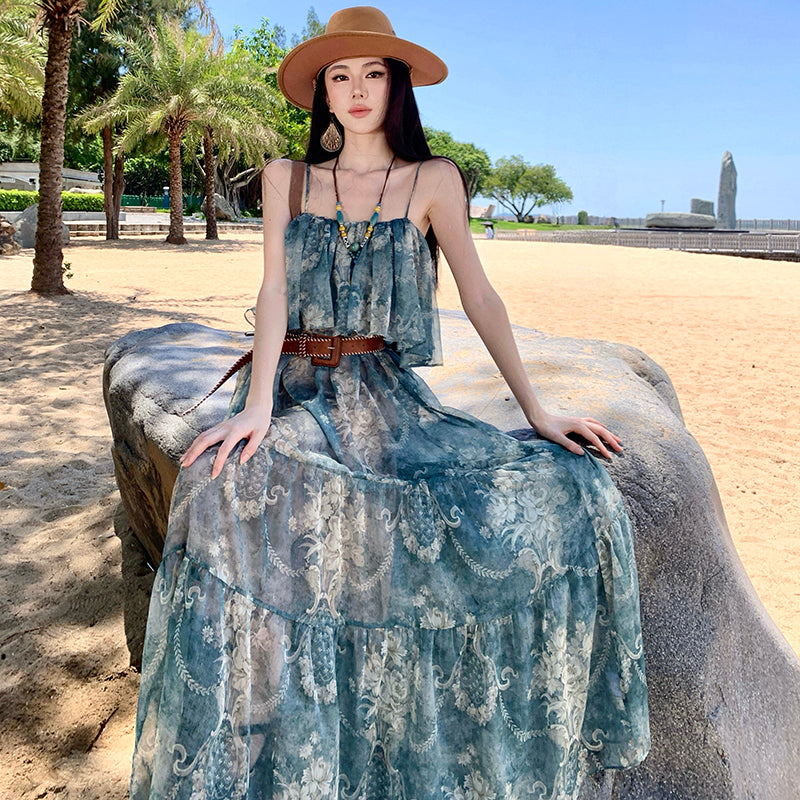 Ocean Wave Printed Ruffle Off-Shoulder Maxi Dress