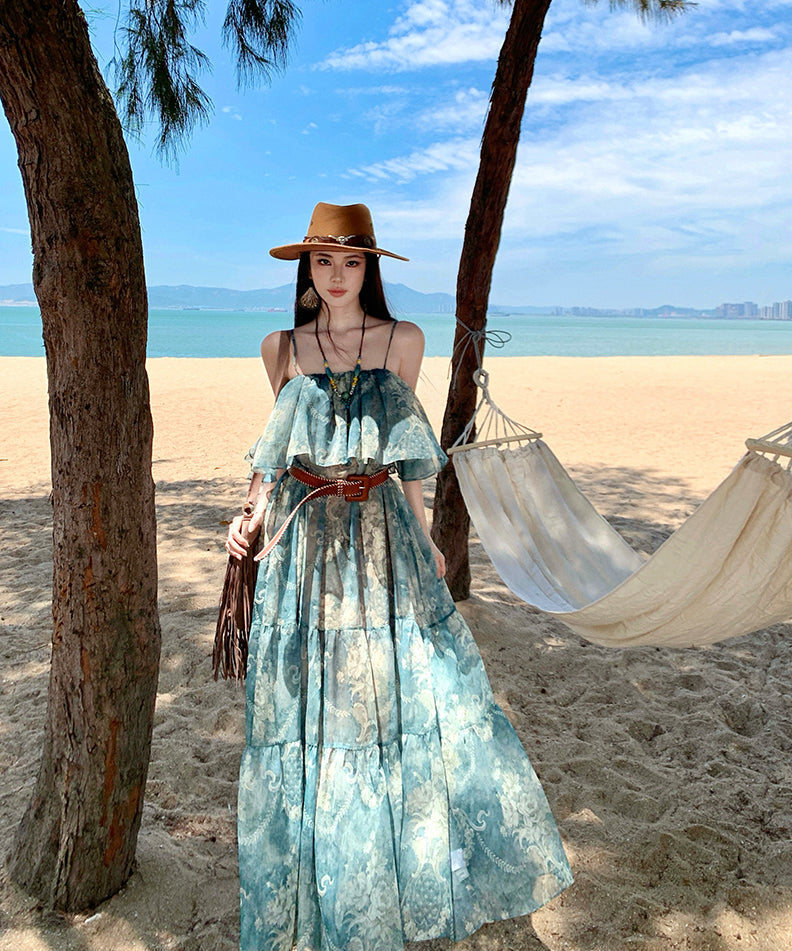 Ocean Wave Printed Ruffle Off-Shoulder Maxi Dress