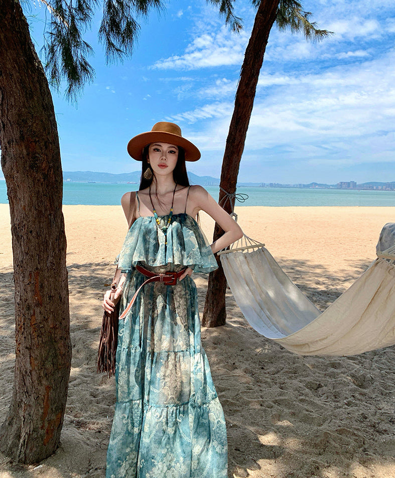 Ocean Wave Printed Ruffle Off-Shoulder Maxi Dress
