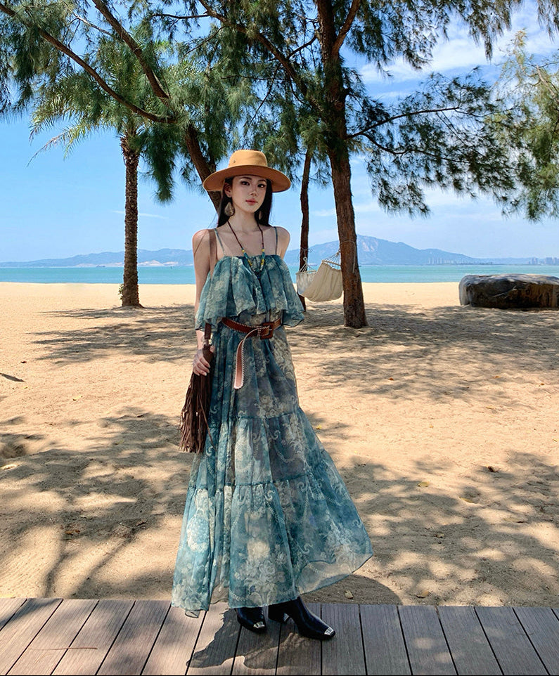 Ocean Wave Printed Ruffle Off-Shoulder Maxi Dress