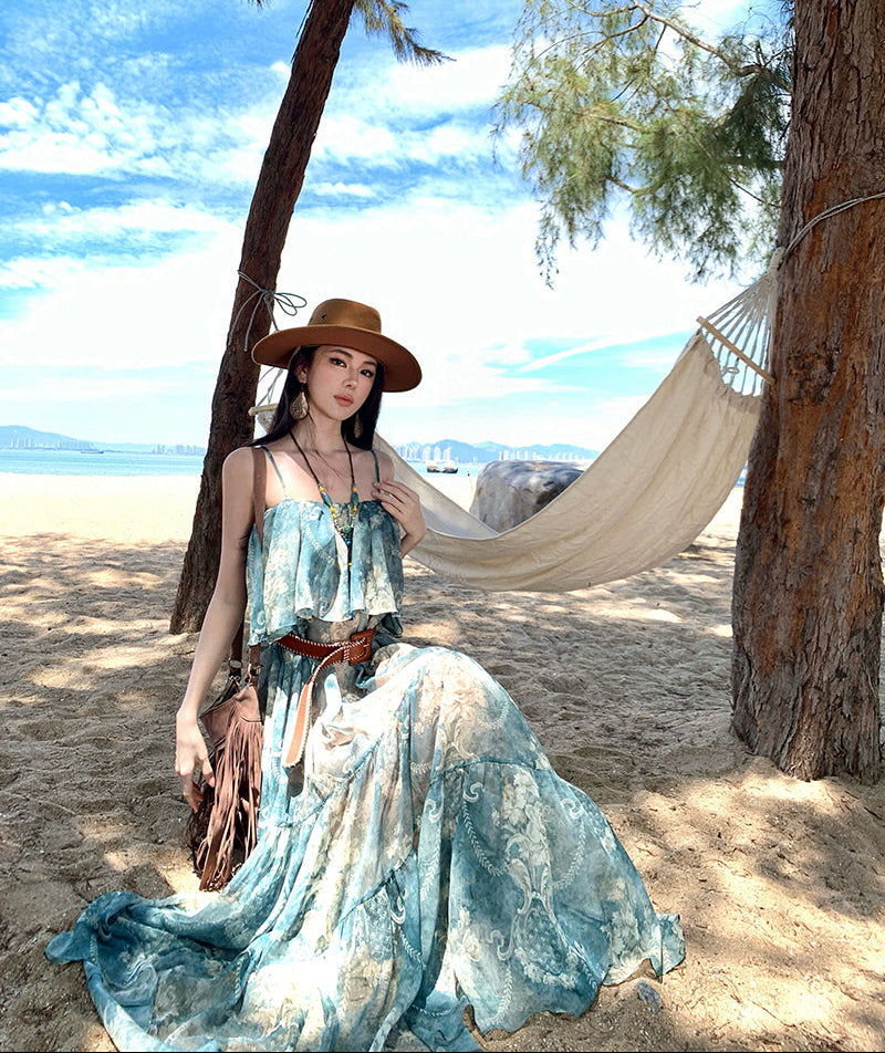 Ocean Wave Printed Ruffle Off-Shoulder Maxi Dress