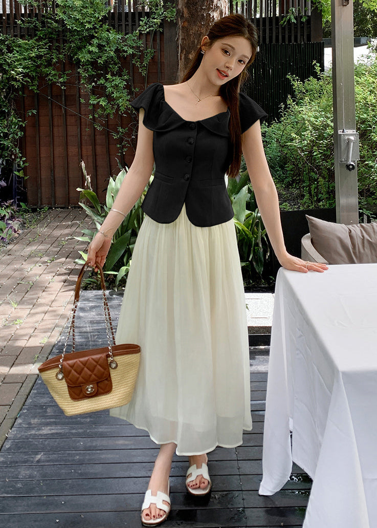 Off-Shoulder Button-Front Toilored Midi Dress With Pleated  Chiffon Skirt