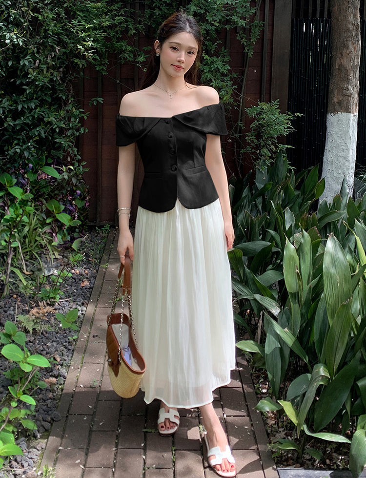 Off-Shoulder Button-Front Toilored Midi Dress With Pleated  Chiffon Skirt