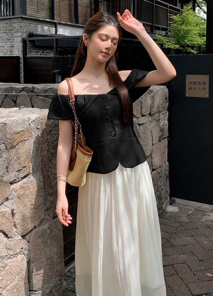 Off-Shoulder Button-Front Toilored Midi Dress With Pleated  Chiffon Skirt