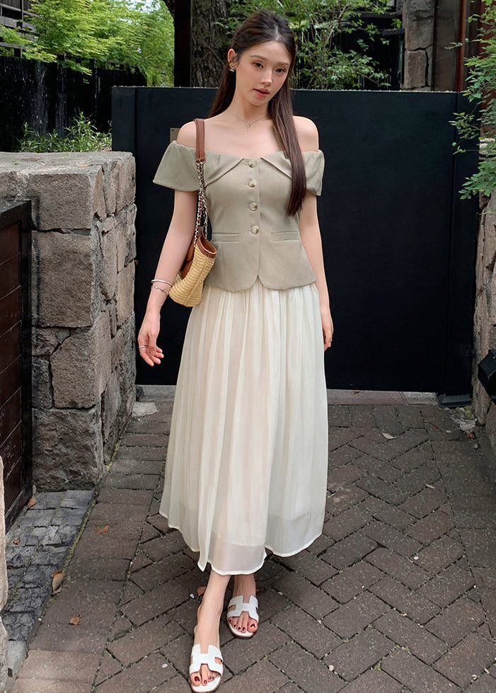 Off-Shoulder Button-Front Toilored Midi Dress With Pleated  Chiffon Skirt