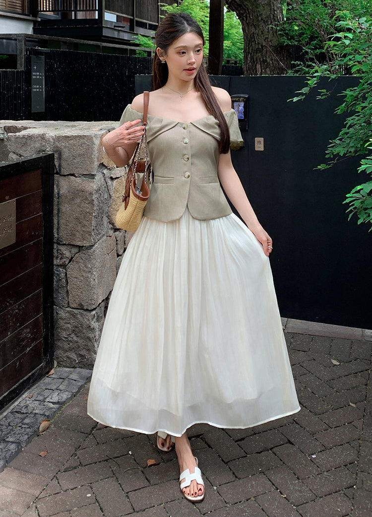 Off-Shoulder Button-Front Toilored Midi Dress With Pleated  Chiffon Skirt