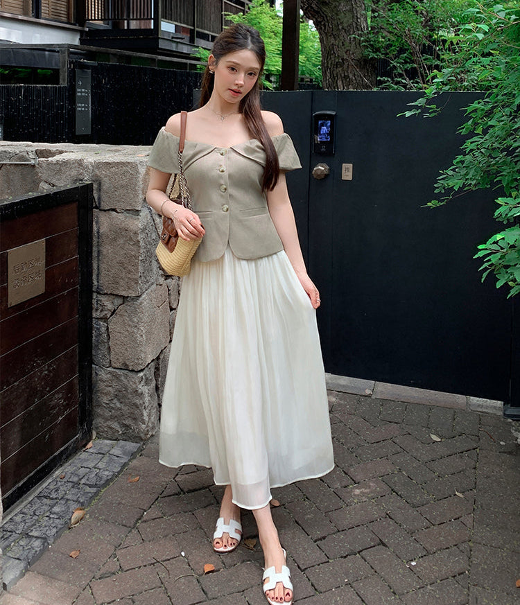 Off-Shoulder Button-Front Toilored Midi Dress With Pleated  Chiffon Skirt