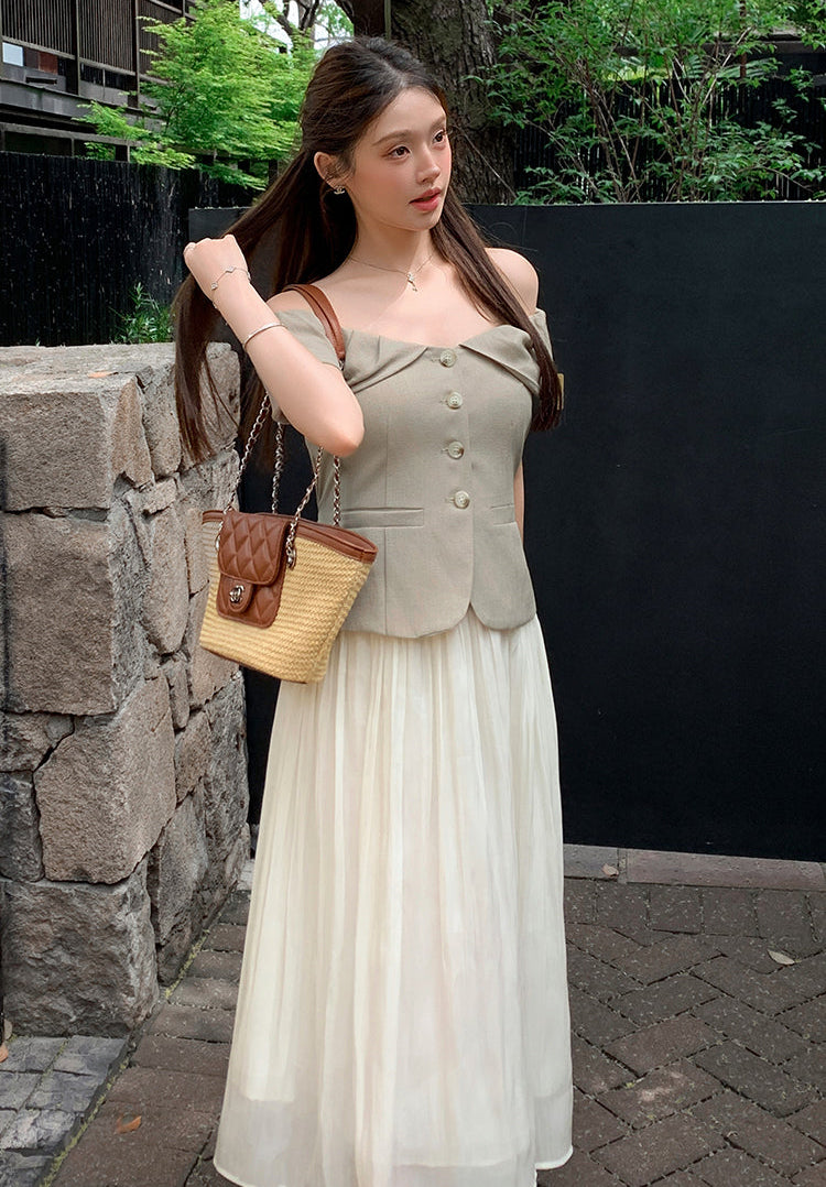 Off-Shoulder Button-Front Toilored Midi Dress With Pleated  Chiffon Skirt