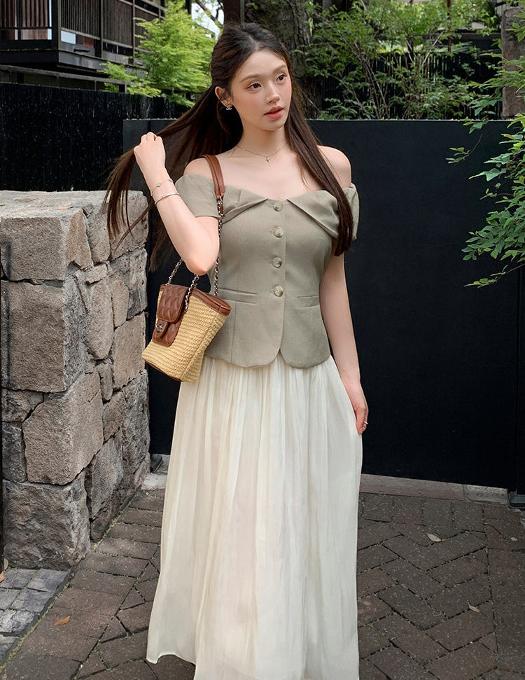 Off-Shoulder Button-Front Toilored Midi Dress With Pleated  Chiffon Skirt