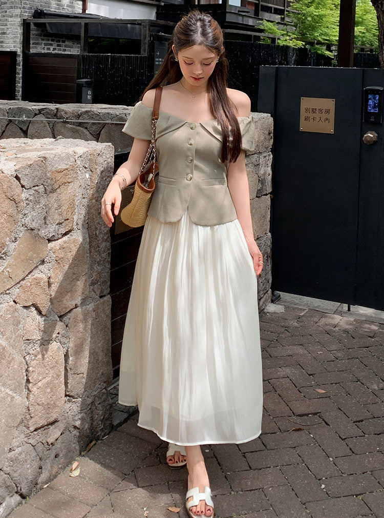 Off-Shoulder Button-Front Toilored Midi Dress With Pleated  Chiffon Skirt